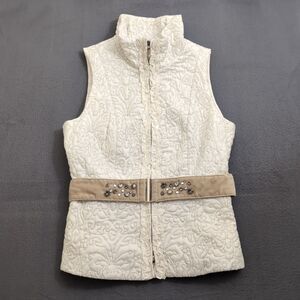 White House Black Market Women S Cream Quilted Belted Embroidered Vest